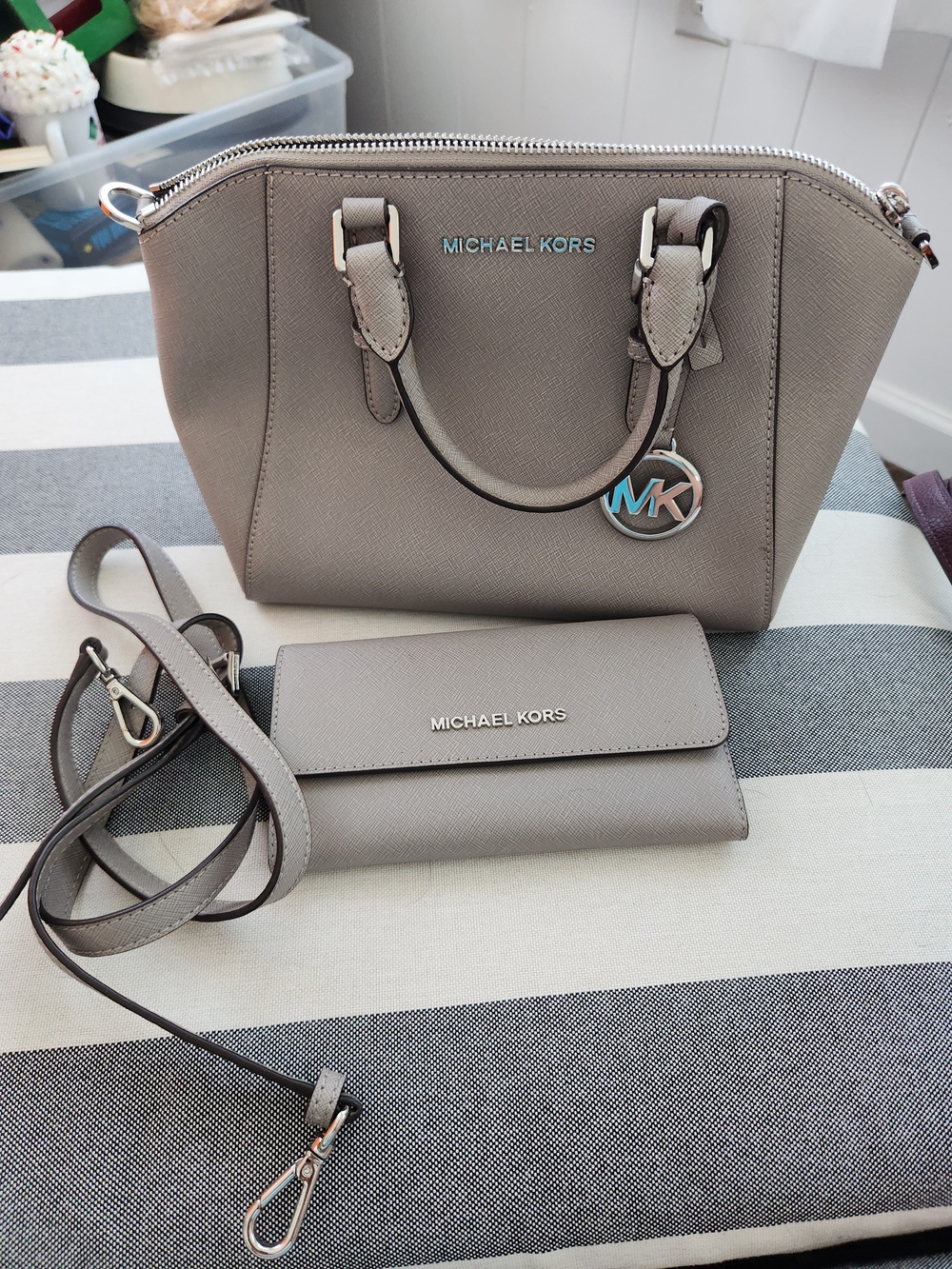 Michael Kors Gray Saffiano Leather Satchel with Matching Wallet